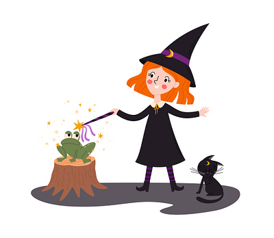 Happy young Ms. Witch and her friend Luna Cat cat character children cute fairy tale female character funny girl halloween illustration magic pet vector witch