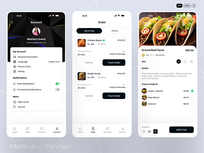 Fodio- Food App Order Cart Profile cart mobile app cart page clean delivery app design food app delivery food details food orders minimal modern order order history order mobile app profile restaurent ui uiux