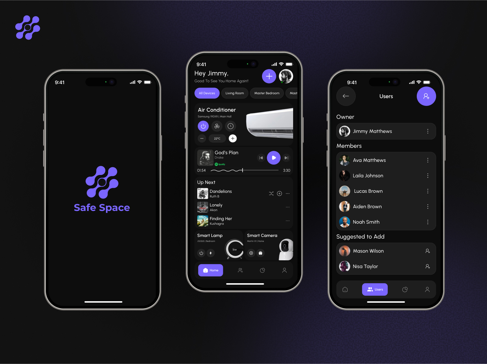 SafeSpace - IoT App bmvsi connected devices dark mode digital home home automation iot mobile app mobile application smart home technology ui user management ux