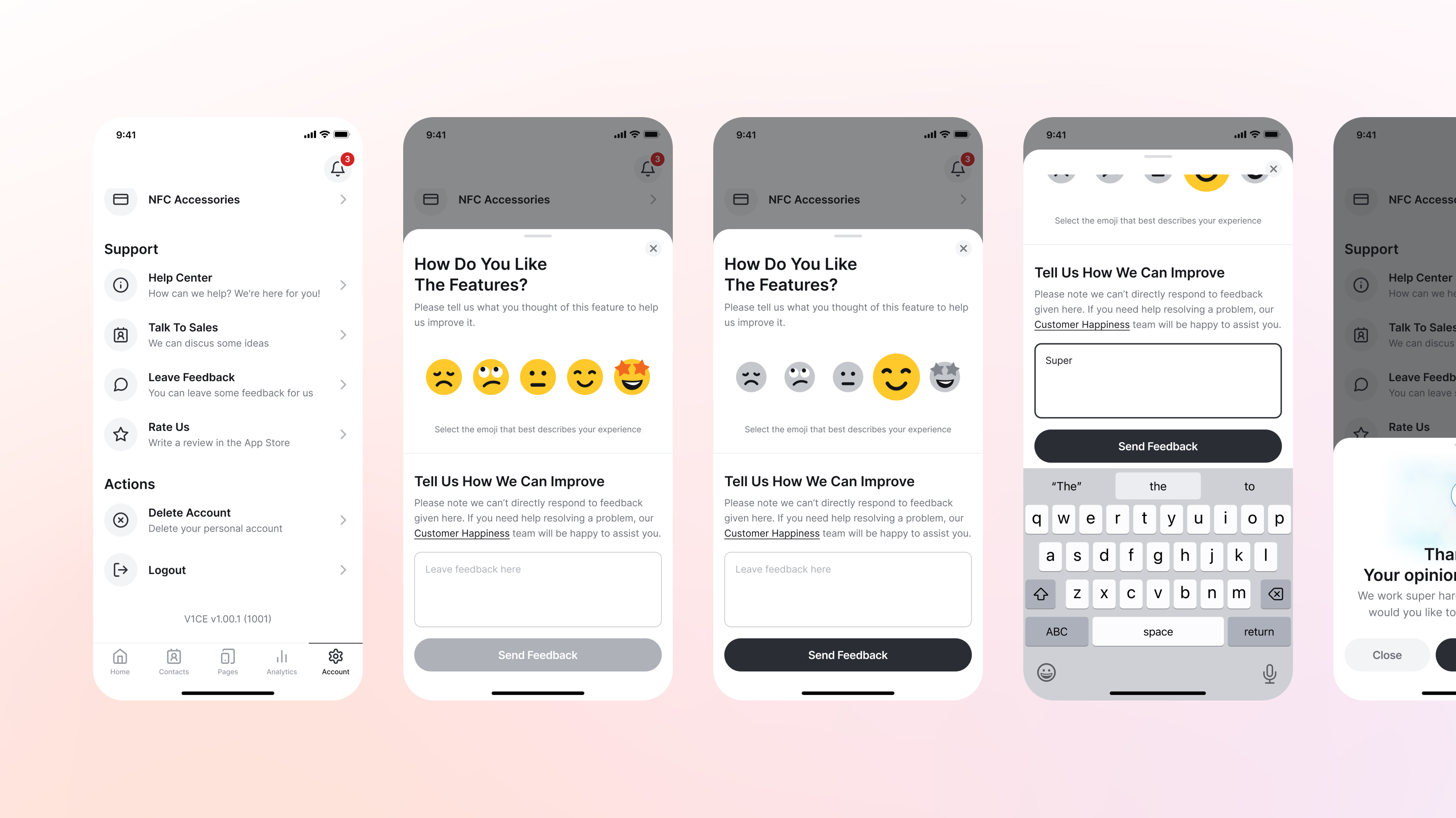 Leave Feedback. V1CE mobile app design branding design digital business card ecommerce feedback ios leave feedback mobile app mobile app design mobile design nfc business cards product design share info share your info smiles template ui user friendly user interface ux