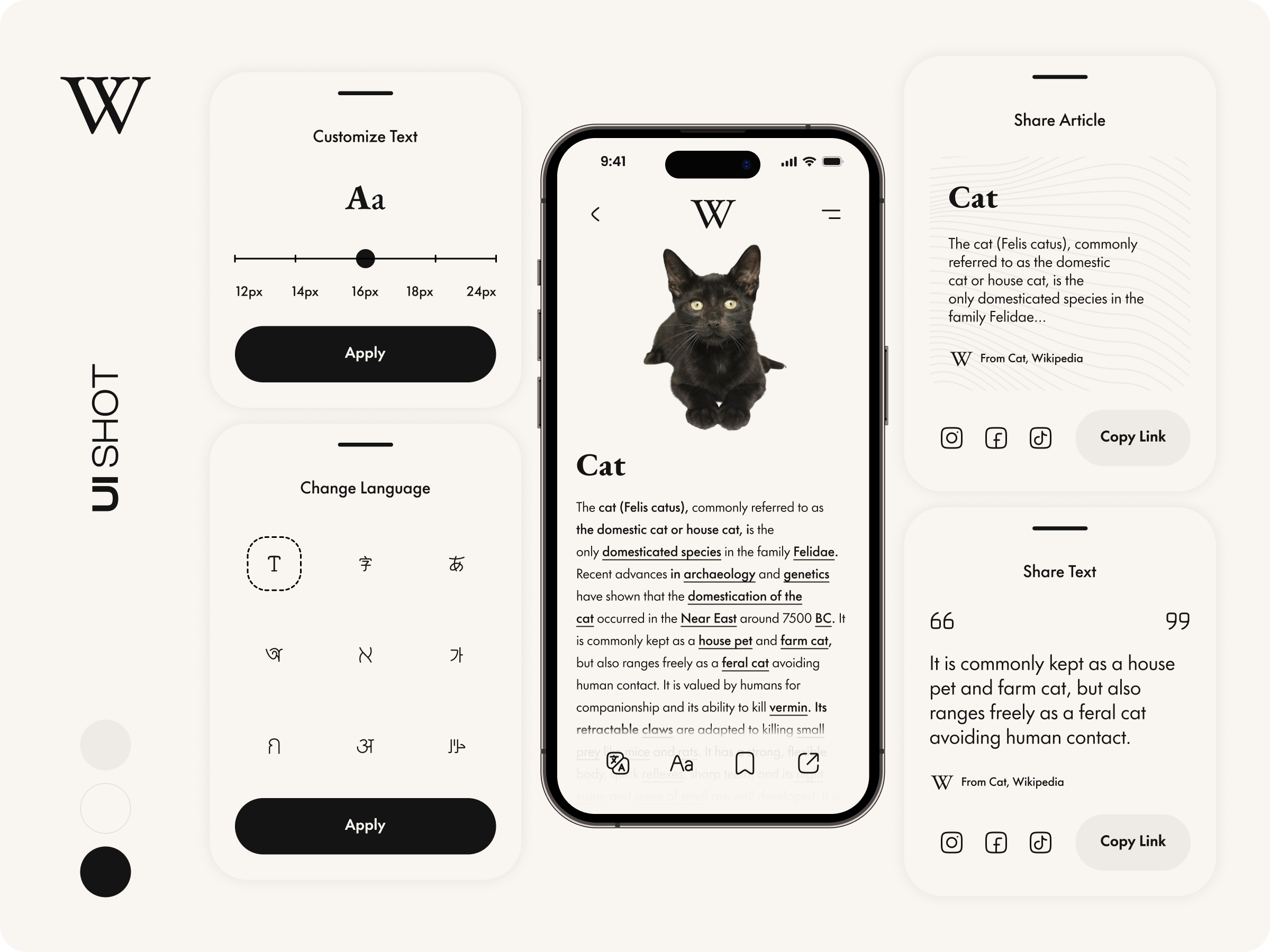 Wikipedia Light Mode / UI Shot accessibility app article articles blog cat cats highlight info languages light light mode news newsletter newspaper share share article share text wikipedia