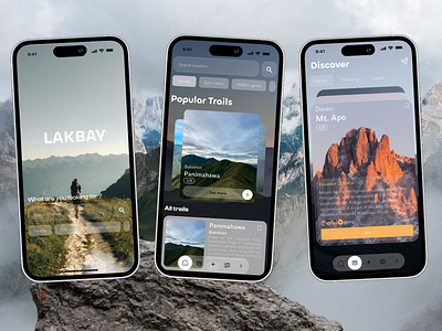 Travel App UI - Conceptual travel app LAKBAY appdesigntrends designinspo hikingapp immersive landingpage mobileappdesign modern modern designs trailfinder travelapp ui uidesign userinterface uxdesign