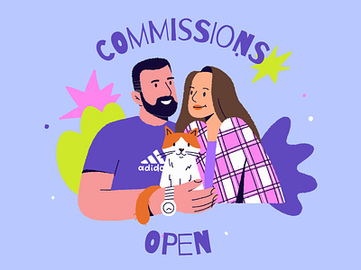 Commissions Open 2025 art character colorful commissions custom design family flat gift illustration illustrator pet portrait