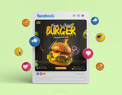 🍔 Juicy Burger Ad Design — Sizzlin’ Hot Social Media Post adobe illustrator adobe photoshop advertising branding design fast food design graphic design graphic designer illustration lamia akter ui