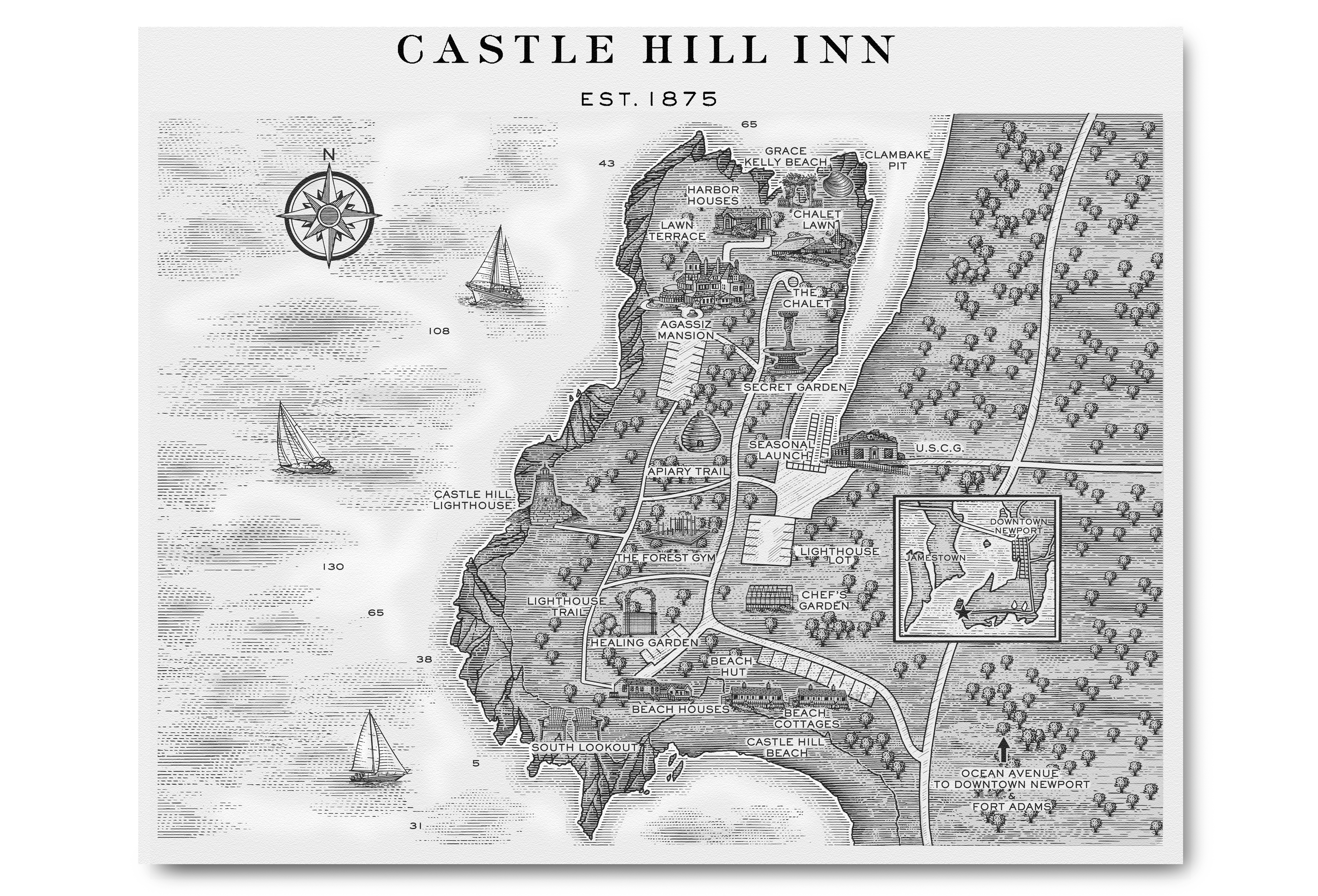 Castle Hill Inn Map Illustrated by Steven Noble artwork branding charts design engraving etching illustration line art map maps scratchboard steven noble
