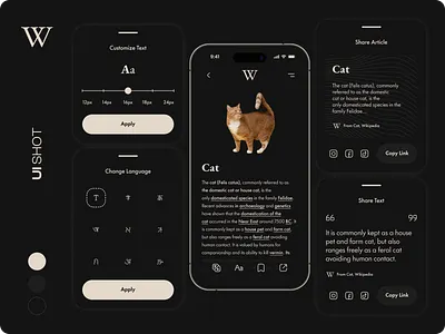 Wikipedia Dark Mode / UI Shot access accessibility app article articles blog card cat cats dark dark mode highlight languages news newspaper share share article share text wikipedia