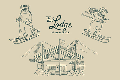 Banner Elk Hotel bear bear goggles bear skiing building cabin drawing hand drawn type hotel illustration mountains skiing vintage winter