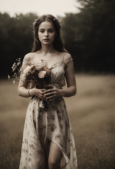 Amber Memories on the Verge of Dusk digital art dress flowers graphic design illustration open field portrait