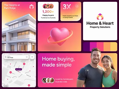Home and Heart Real Estate Agent Branding 3d bento bento grid branding gradient heart magenta motion graphics orange property proptech purple real estate real estate agents visual identity warm