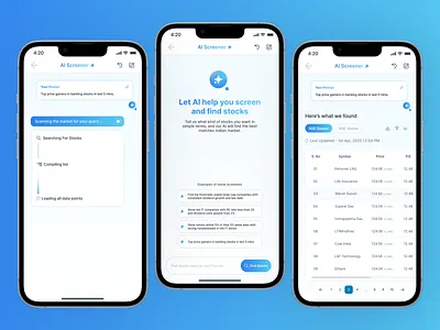 AI Stock Screener UI for Fintech App ai chat bot ai feature ai mobile app app design indian stock market mobile app screener stock market