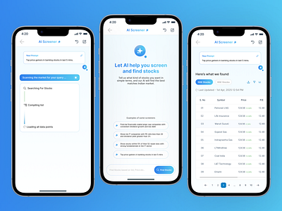 AI Stock Screener UI for Fintech App ai chat bot ai feature ai mobile app app design indian stock market mobile app screener stock market
