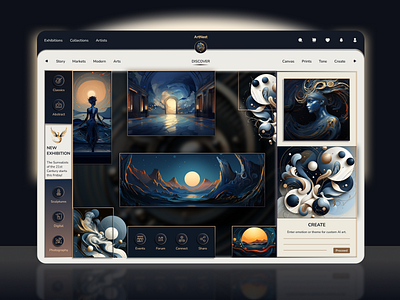Virtual Art Gallery ai art art app art exhibition clean layout creative app dark ui digital art digital platform elegant ui gallery website home screen interactive design minimal ui modern interface ui design user interface ux ui virtual gallery visual experience web design