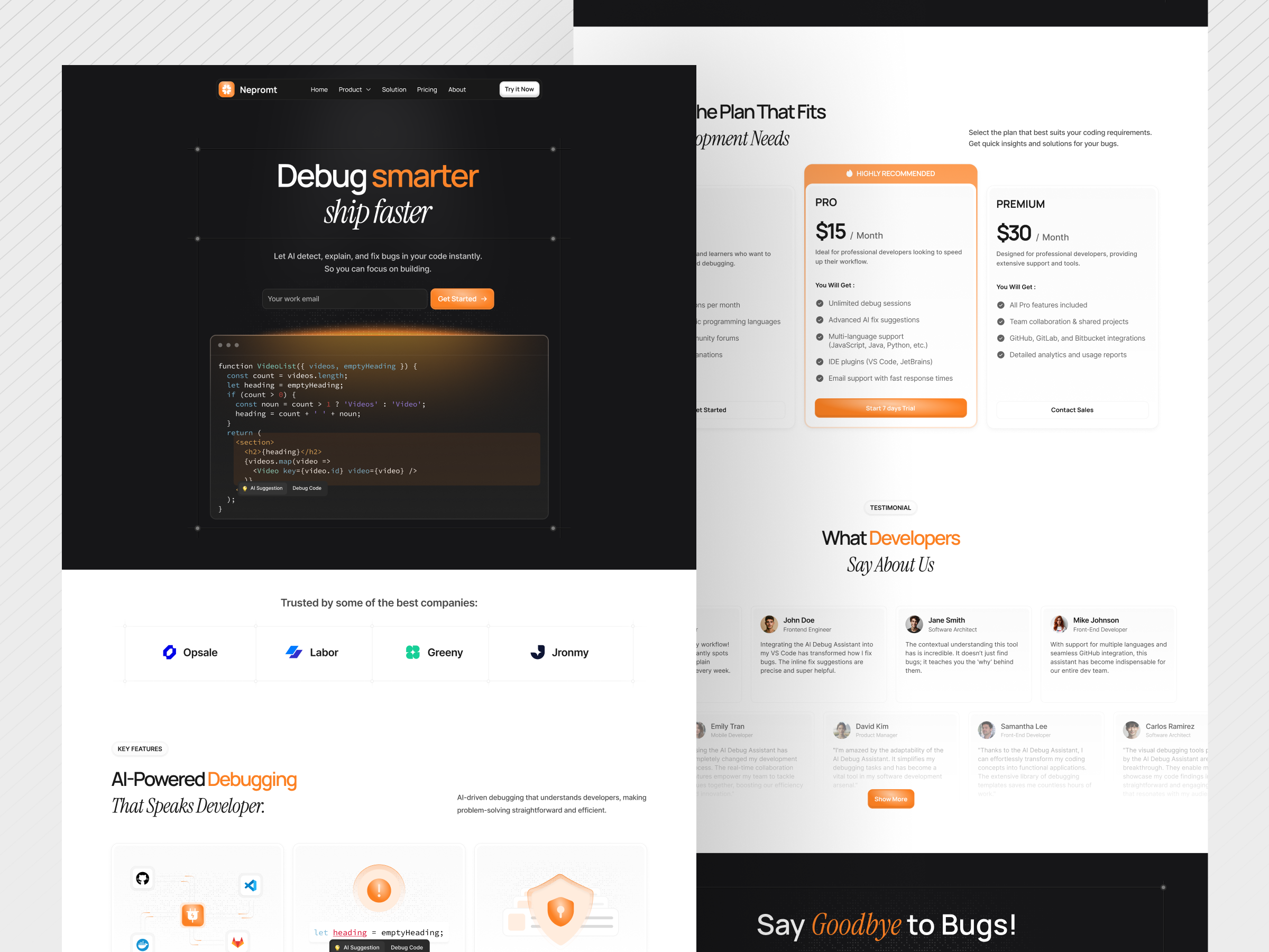 Nepromt - AI Debugging Landing Page ai ai debugging bento branding clean design code dark dark mode debug code design developer tools developers landing page programmer saas saas design typography ui ui ux design ux