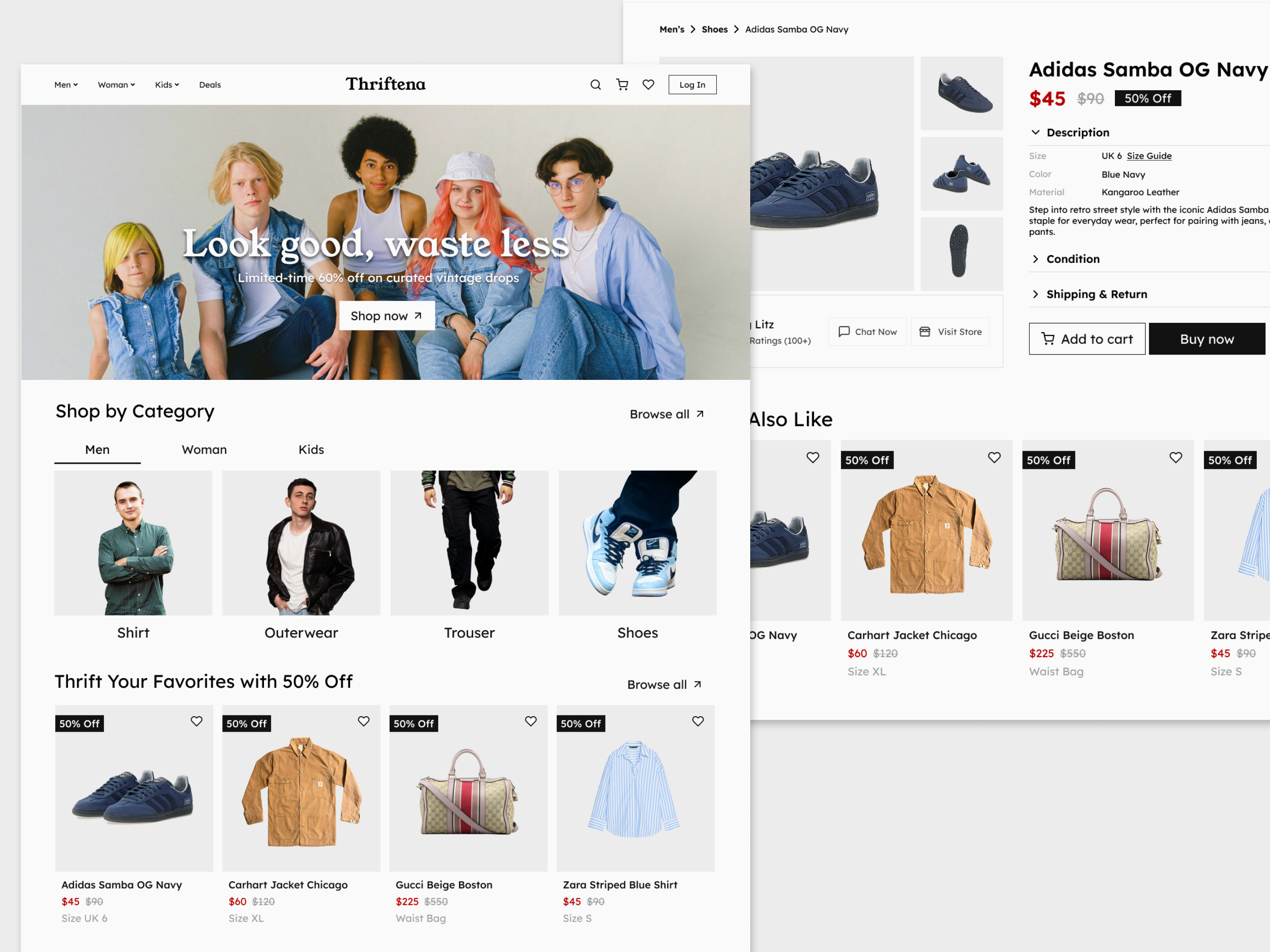 Fashion Thrifting Web Design - Thriftena branding clean e commerce fashion landing page minimalist product detail ui ux web design