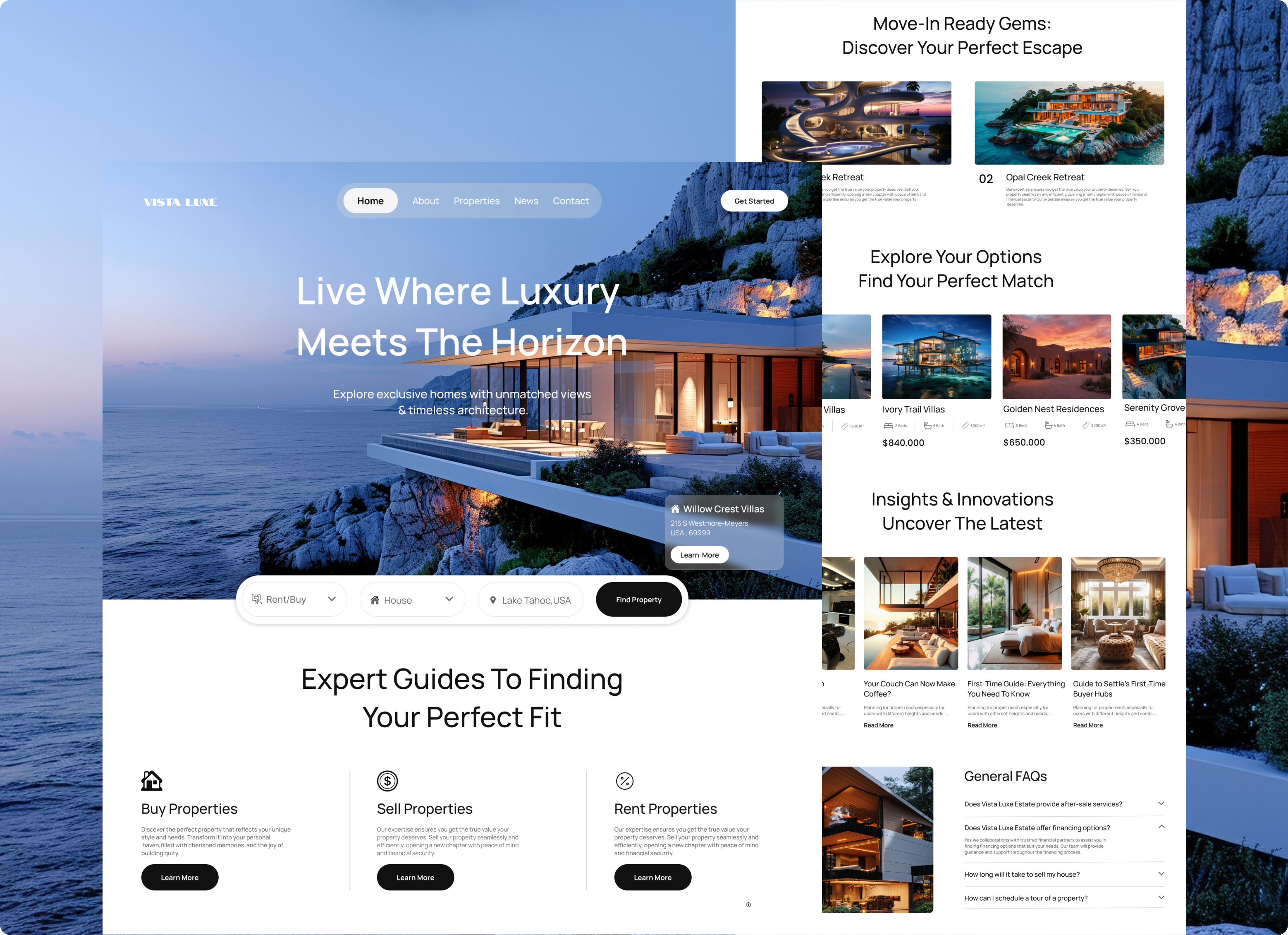 VistaLuxe - Real Estate Landing Page figmadesign landingpage luxurydesign modernui propertywebsite realestatedesign realestateui ui uiuxdesign webdesign