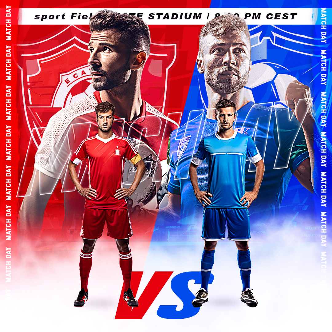 Photoshop Sports PSD Template For Football Event Match banner design football banner football match football poster graphic design instagram post design match announcement poster poster design poster template social media social media kit social media post design sports sports poster template photoshop trophy