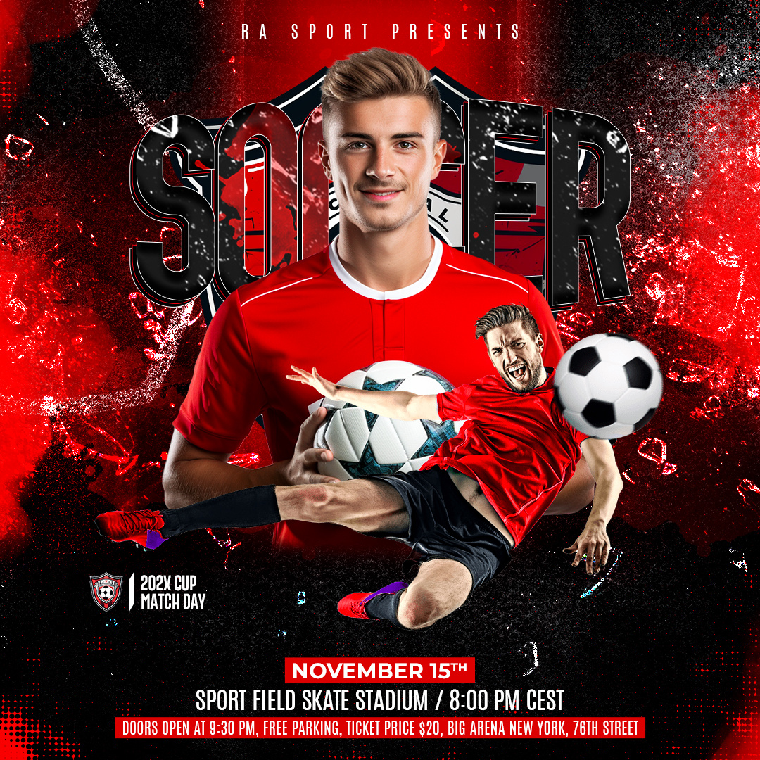 Football Match Day Promo – PSD Template for Social Media editable sports design football football match flyer football poster football team lineup game day announcement instagram post design match announcement match day poster match promo design photoshop match template psd flyer for sports psd template soccer event banner social media post design sports event promotion tournament match flyer