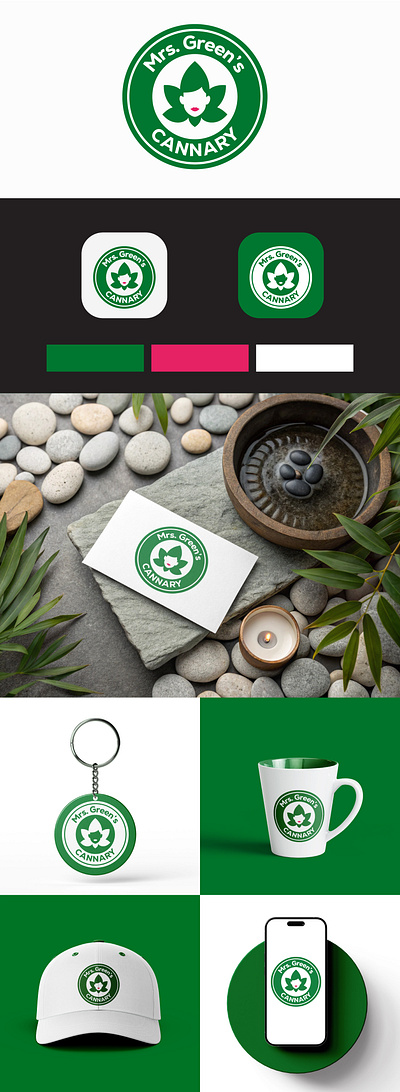Mrs. Green's Cannary Logo badge badges branding businesscard cannary elegant feminine girl graphic design greens lady logo logo mark mascot mockup mug symbol typography vector women