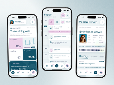 Health Companion • Interface Concept companion concept design health heart rate light mode medical app medical record pastelle prescriptions reminder schedule swipe telehealth telemedicine timeline ui user profile uxui vitals