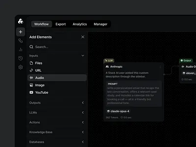 Workflow Builder ai automation builder cards dark flow llm saas sidebar workflow