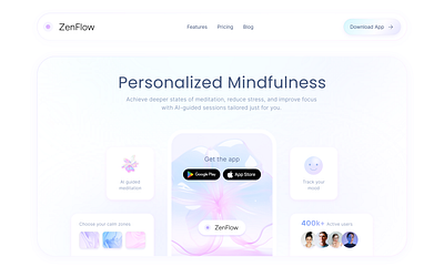 ZenFlow - Meditation App Hero Fold Exploration calm hero fold landing page meditation app minimal soft gradients ui visual design