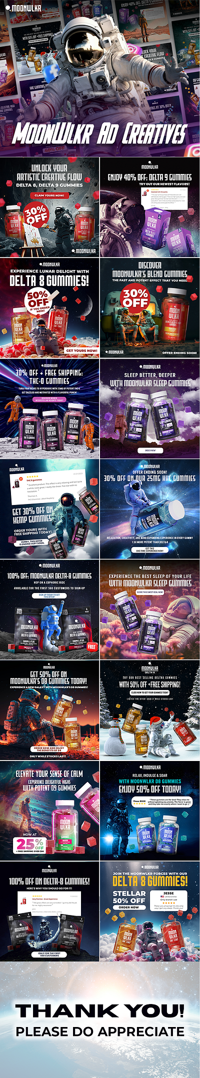 Ad Creatives | MoonWlkr Gummies 3d ad ad creation ad creatives ad designs adobe adobe creative suite adobe illustrator adobe photoshop ads advertisment branding graphic graphic design graphics moonwlkr social media ui