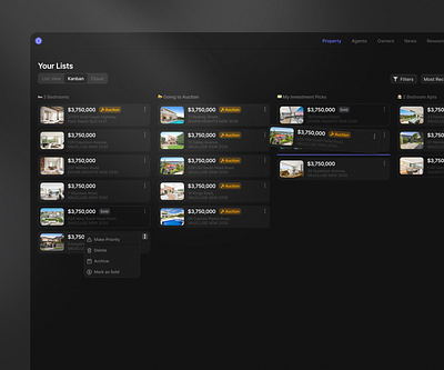 Real Estate Platform Dark cards clean design details hover interface kanban list minimal product property real estate saas settings ui ui design ux ux design web