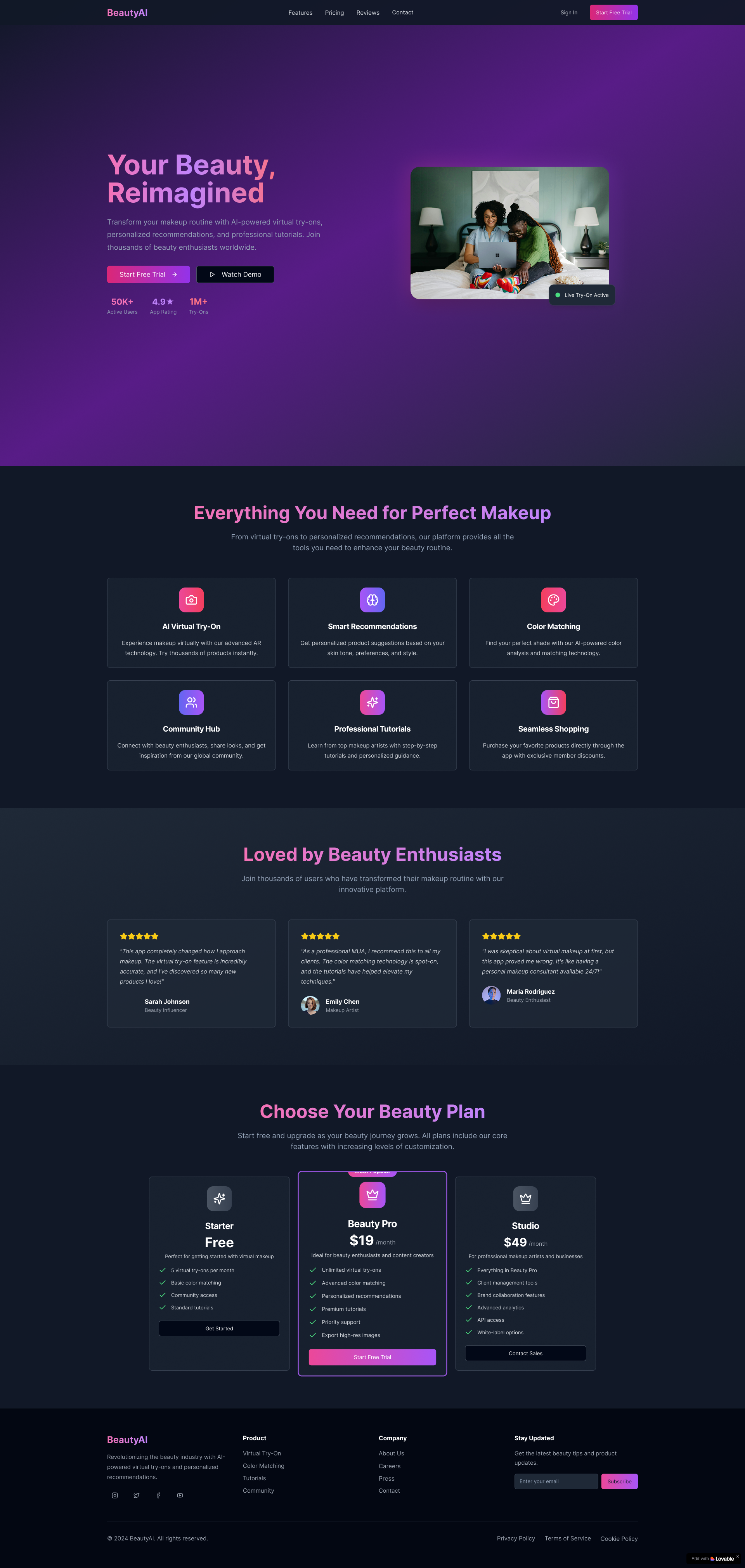 Beauty AI Everything you need for perfect makeup beautyai design figma figma to elementor figma to wordpress graphic design landing page landing page design ui uiux ux website website design website development wordpress