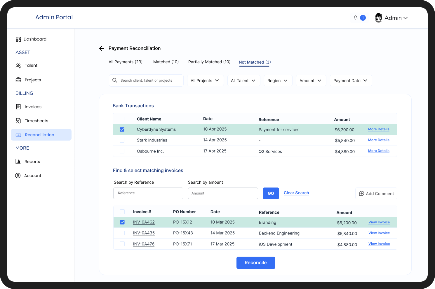 Admin Portal: Payment Reconciliation UI app bank feed design finance ui fintech fintech design invoice invoice reconciliation match payment payment reconciliation payment ui reconciliation transactions ui ui design ux web web app web ux