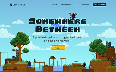 Somewhere Between · Game Teaser Page (Exploration) conceptdesign creativeconcept figmadesign gameui gaming illustration indiegame landingpage motion graphics pixelart pixelstyle retroaesthetic teaserpage uidesign visual design webdesign