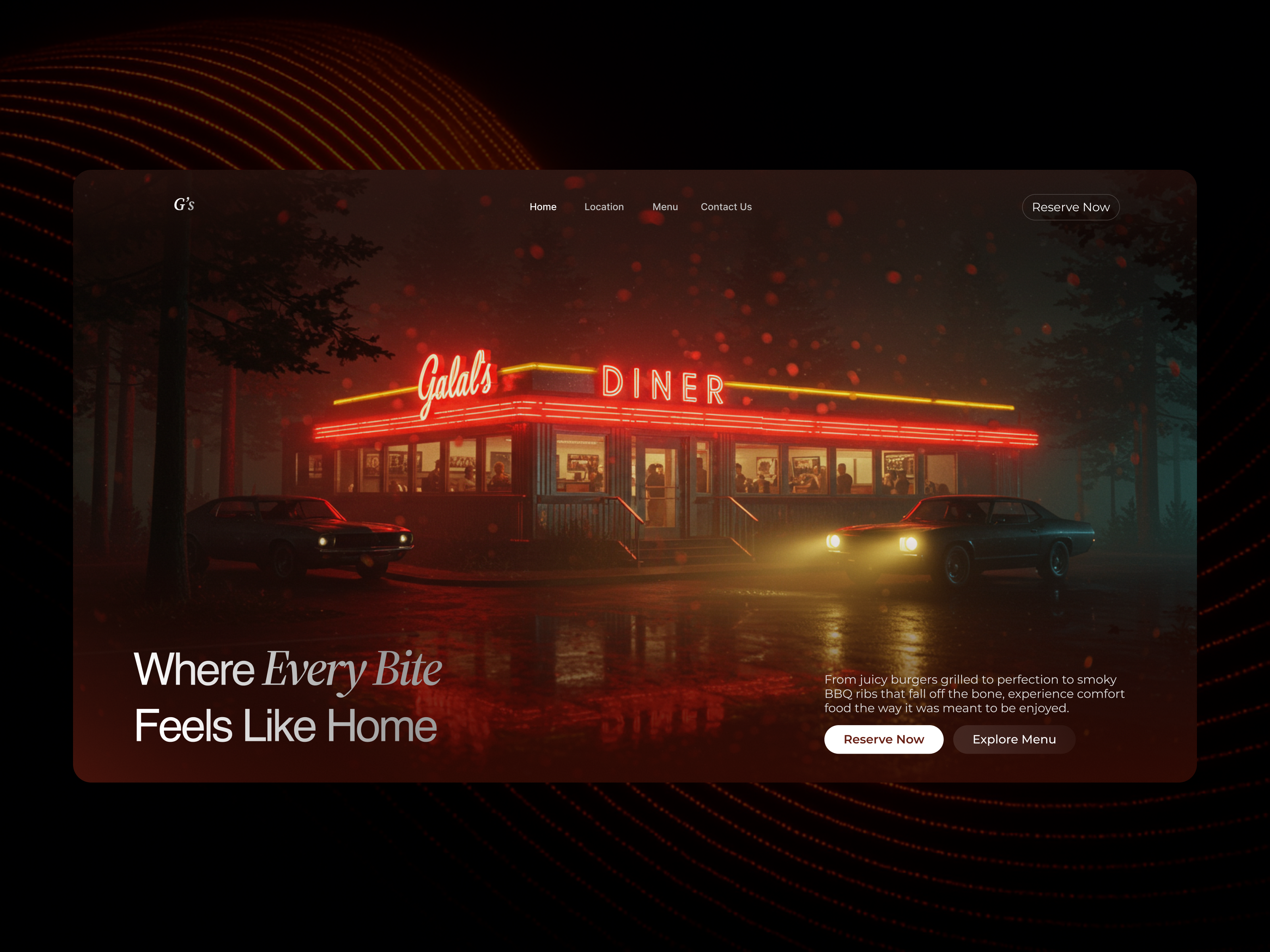 American Diner UI - Retro Web Concept americanstyle cinematic creativewebdesign darkui designinspiration designmood diner dribbble figma foodwebsite hero landingpage neon restaurant retrofuture ui uidesign uishot ux webdesign