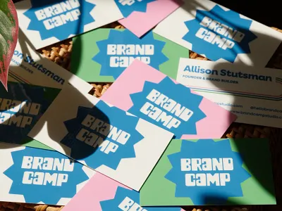 Brand Camp Business Cards badge biz cards blue brand design branding business cards custom wordmark fun funky green lettering logo pink retro retro branding retro design stripes sun wordmark