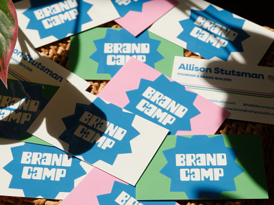 Brand Camp Business Cards badge biz cards blue brand design branding business cards custom wordmark fun funky green lettering logo pink retro retro branding retro design stripes sun wordmark