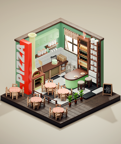 Pizzeria 3d blender design illustration isometric