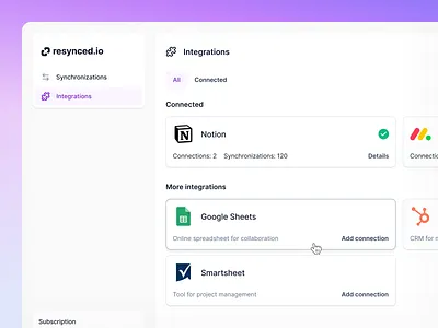 SaaS. List of integrations - resynced.io 🌐 automation connect apps dashboard data hubspot integration monday notion saas sync synchronization transfer two way sync ui web white
