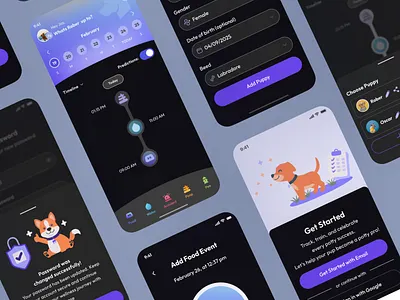 Mobile App Design | Puppy Wellness Tracker | Petcare App app care dark mode design figma management mobile app design mobile app ui mobile ui petcare pets puppy recraft redesign tracker ui uiuxdesign