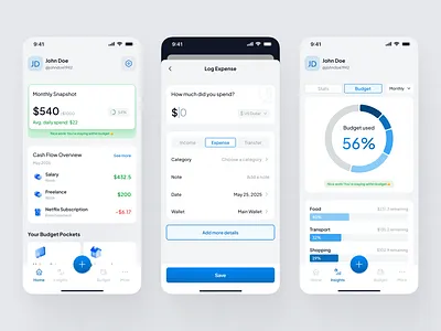 Expense Tracker App blue branding budget design expense expense tracker figma finance fintech gradient illustration income minimal mobile money outcome transaction ui ux white