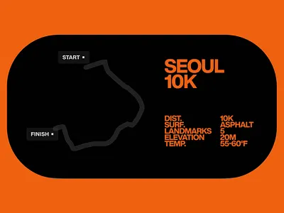 Seoul 10K - Race Map & Event Details UI clean design clean ui dark mode design event event details finish minimalist minimalistic design modern modern layout orange and black orange background seoul start ui ui design ux ux design web