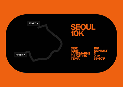 Seoul 10K - Race Map & Event Details UI clean design clean ui dark mode design event event details finish minimalist minimalistic design modern modern layout orange and black orange background seoul start ui ui design ux ux design web