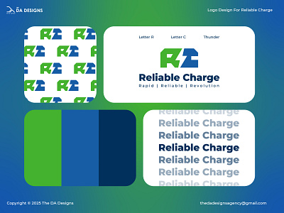 Reliable Charge Logo Design blue bolt brand identity branding charge concept design electric vehicle energy ev flat green illustration letter c letter r logo logo design minimal negative space thunder