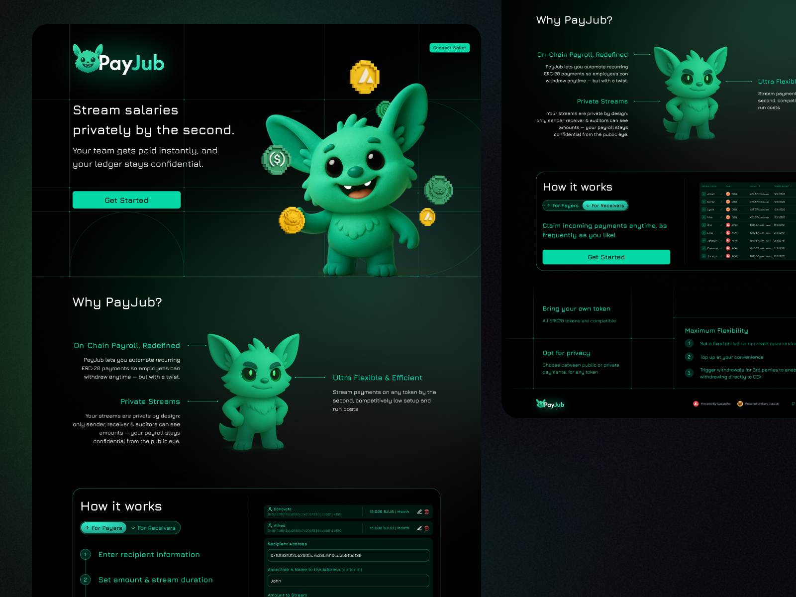 PayJub – Web3 Payroll Landing Page 3d blockchain cryptoui darkmode fintechweb3 green landing page memecoin onchain payroll tokenstreaming ui user interface ux web design web3
