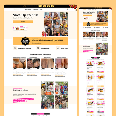 Glo Melanin landing page design landing page shopify ui