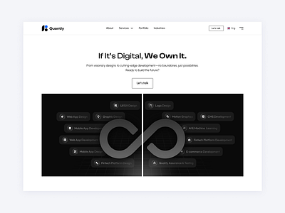 Quantly – Tech Consulting Hero Section branding dark theme design digital product fintech hero illustration infinite possibilies landing page ui ux