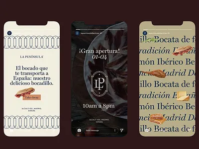 Spanish Deli Instagram Story UI Design classy visuals deli sandwich food food interface gourmet interface iberian flavor instagram concept mobile campaign mobile layout product focus restaurant promo spanish branding story design take away promo traditional feel typography ui design user engagement ux design
