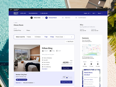 Booking Engine Room Selection booking card hotel interaction interface product room ui ux website