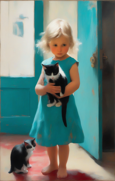 Innocence and Wonder cats child digital art graphic design illustration indoor light and shadow