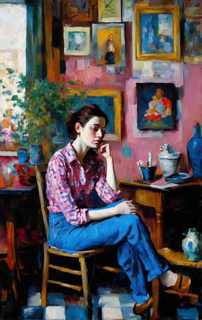 Where Pink Walls Hold Silent Stories art studio contemplate digital art female graphic design illustration portrait sitting