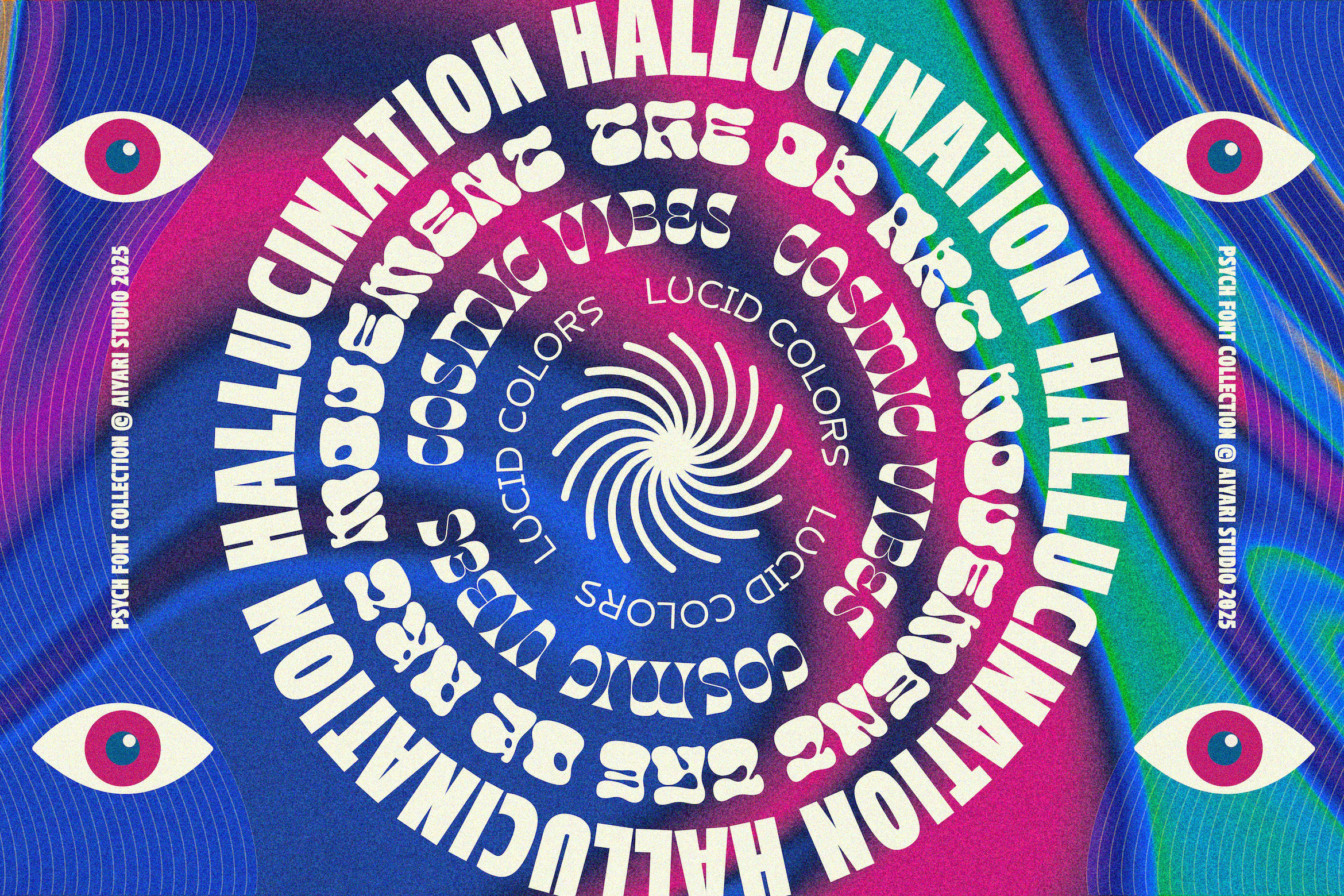 Psych Font Collections aiyari display experimental font bundles font collections kitsch modern open type psychedelic retro summer font trippy typeface vintage