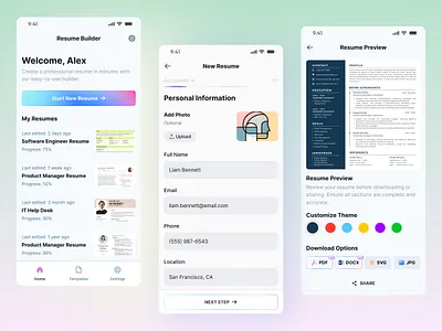 Resume Maker Mobile App UI – Elegant, Easy-to-Use & Export-Ready ai cv clean design clean ui cv cv dashboard cv editor cv maker cv template d dashboard job ui mobile preview profile builder app resume resume app resume builder resume maker resume preview ui