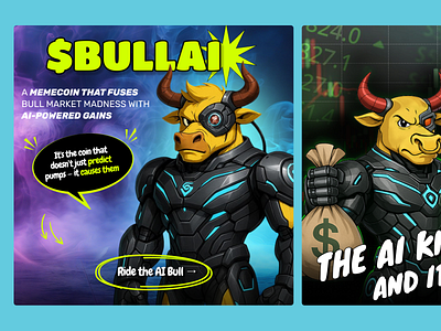 Banner for crypto meme token- BULLAI ad banner brand branding crypto cryptocurrency graphic design illustration instagram marketing meme meme coin pepe post promotion solana token trend twitter ui